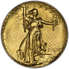 1907セントゴーデンズ エクストラハイリリーフ 20ドル金貨 レタード リム MS｜表