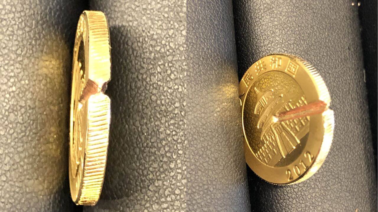 パンダ金貨偽物の切断画像
