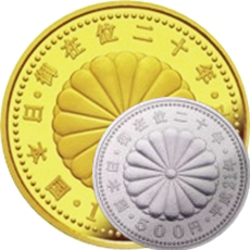 天皇陛下御在位20年記念 1万円金貨と500円ニッケル黄銅貨プルーフ 