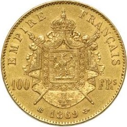 フランス 1869年 ナポレオン3世 100フラン金貨｜裏