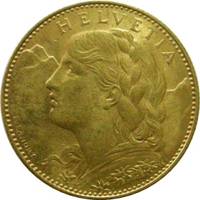 スイス 1916 10フラン金貨 ブレネリ｜表