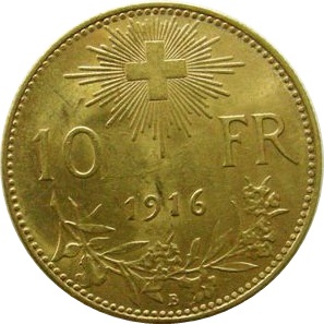 スイス 1916 10フラン金貨 ブレネリ｜裏