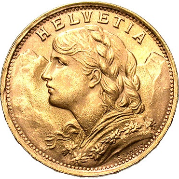 スイス 1935 20フラン金貨 ブレネリ｜表