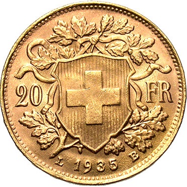 スイス 1935 20フラン金貨 ブレネリ｜裏