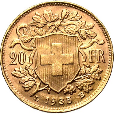 1935B スイス　HELVETIA20フラン金貨