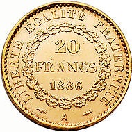 フランス 1886年 20フラン金貨（天使と雄鶏）｜裏
