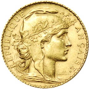 フランス 1899年 20フラン金貨（女神の横顔と雄鶏）｜表