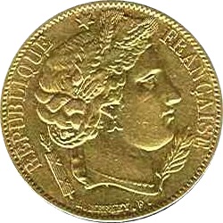 フランス 1851年 20フラン金貨（ケレス）｜表