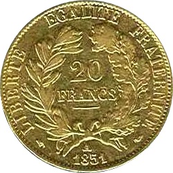 フランス 1851年 20フラン金貨（ケレス）｜裏
