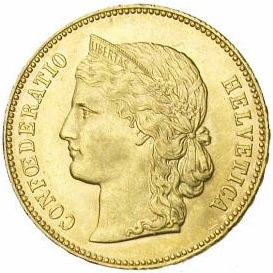 スイス 1892 20フラン金貨 ヘルヴェティア｜表