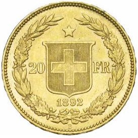 スイス 1892 20フラン金貨 ヘルヴェティア｜裏