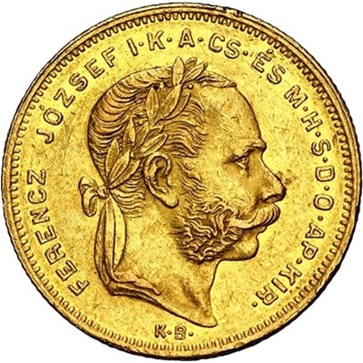 ハンガリー 1874 8フォリント金貨／20フラン金貨 フランツ・ヨーゼフ1世｜表