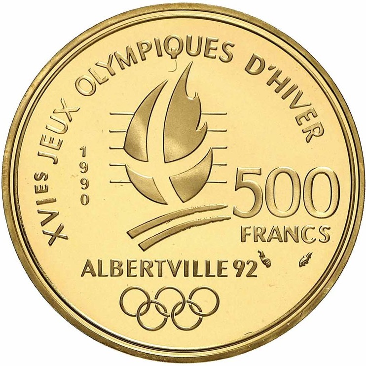 アルベールビル五輪記念500フラン金貨 （クロスカントリースキーとサヴォイア公城）｜裏