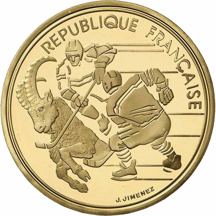 アルベールビル五輪記念500フラン金貨 （アイスホッケーとアイベックス）｜表