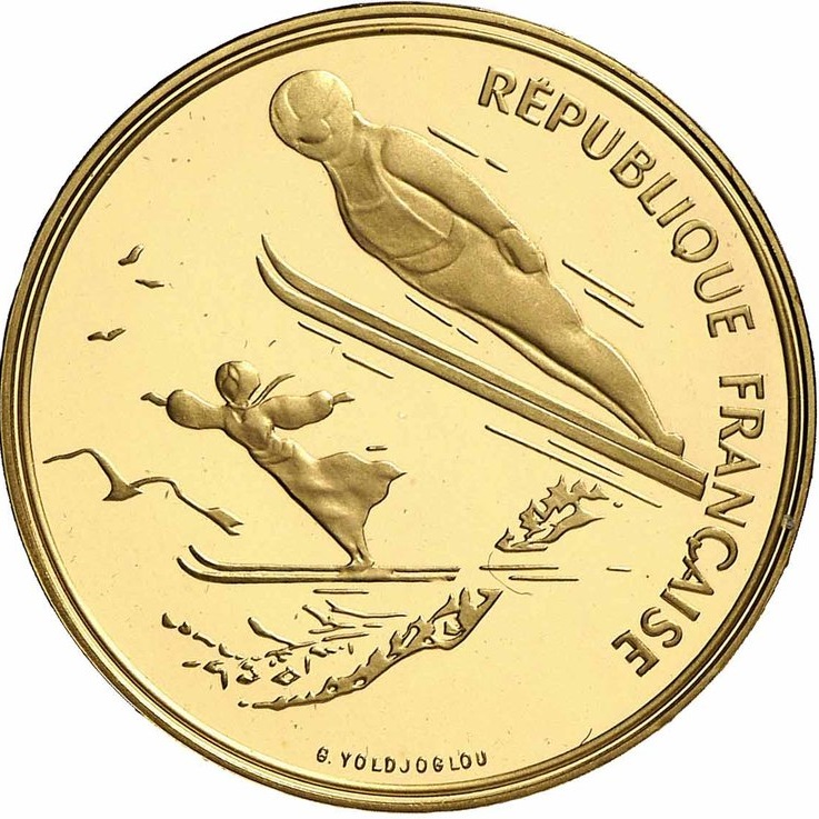 アルベールビル五輪記念500フラン金貨 （スキージャンプと良き時代のスキージャンプ）｜表