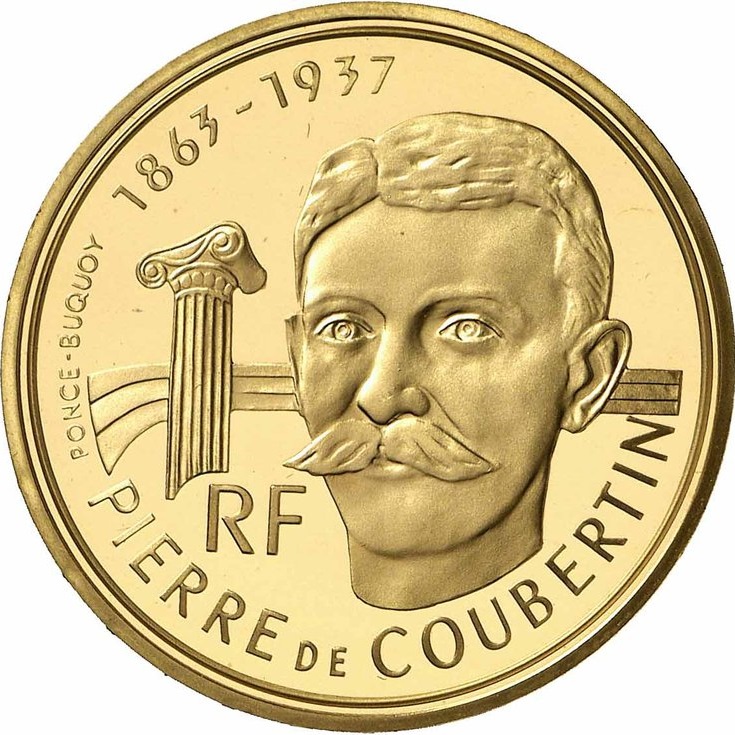 アルベールビル五輪記念500フラン金貨 （ピエール・ド・クーベルタン男爵）｜表