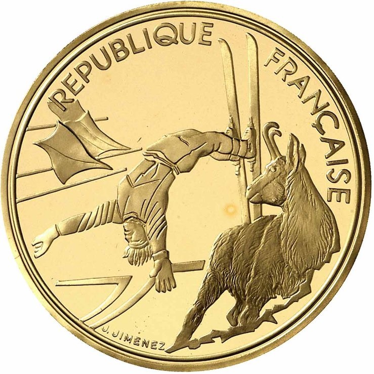 アルベールビル五輪記念500フラン金貨 （フリースタイルスキーとシャモア）｜表