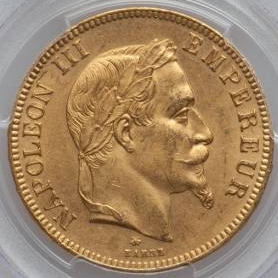 1868年フランス ナポレオン3世 100フラン金貨 MS62｜表