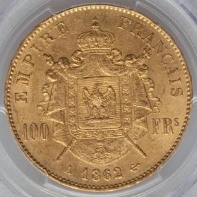 1861年 フランス ナポレオン3世 100フラン金貨 Proof｜裏