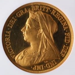 1893イギリス ヴィクトリア ベールドヘッド プルーフ 5ポンド金貨 PF63｜表