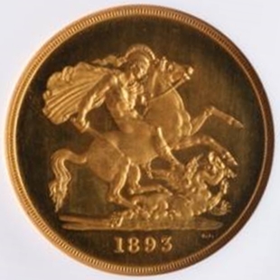 1893イギリス ヴィクトリア ベールドヘッド プルーフ 5ポンド金貨 PF63｜裏