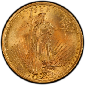 1907セントゴーデンズ 20ドル金貨 ノーモットー セイント MS｜表