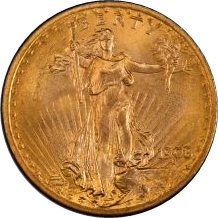 1908セントゴーデンズ 20ドル金貨 ノーモットー MS｜表