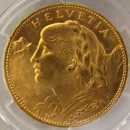 1925年 スイス ブレネリ100フラン金貨 MS65｜表