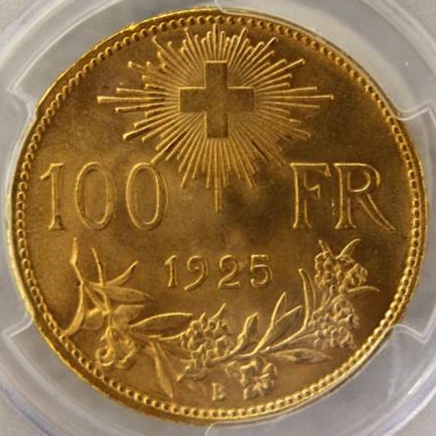 1925年 スイス ブレネリ100フラン金貨 MS65｜裏