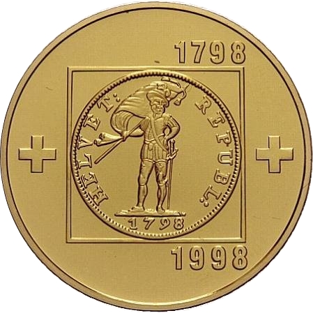 ヘルヴェティア共和国建国200周年記念 100フラン金貨｜表