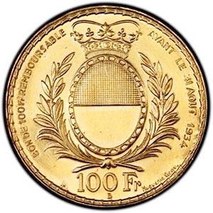 スイス 1934年 射撃祭記念 100フラン金貨｜裏