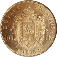 1868年フランス ナポレオン3世 100フラン金貨 MS62｜裏