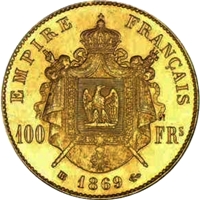1869年フランス ナポレオン3世 100フラン金貨 BB MS｜裏