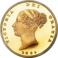 1839年 イギリス ヴィクトリア 1/2ソブリン金貨 PR64DCAM｜表