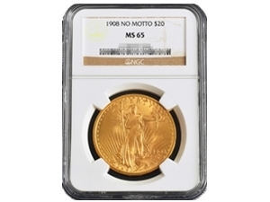 1908年 セントゴーデンズ金貨 ノーモットー MS65