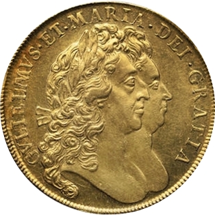 1694年 イギリス ウィリアム＆メアリー 5ギニー金貨 XF45｜表